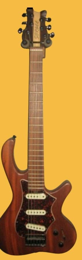 Electric guitar with a mahogany body, dark striped neck, three white pickups, and a tortoiseshell pickguard.